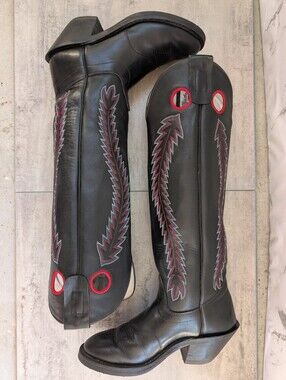 Olathe Buckaroo Black Red Leather Western Tall Boots Vintage USA Mens Size 8 D